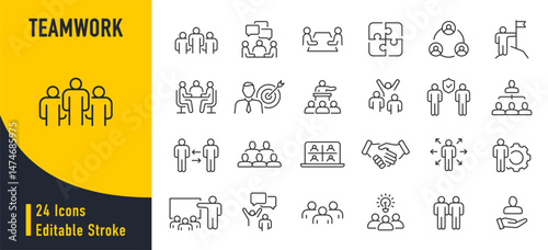 Teamwork icon in line style. Team, business people, human resources, collaboration, research, meeting, partnership, support, businessman. Collection. Vector illustration.
