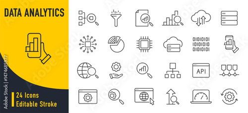 Data Analytics web icon in line style. Graphs, analysis, big data processing, growth, statistics, analytics, chart, research network collection. Vector illustration.