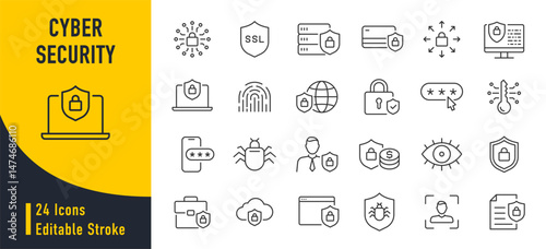 Security web icons in line style. Guard, cyber security, password, smart home, safety, data protection, key, shield, lock, unlock, eye access. Vector illustration.