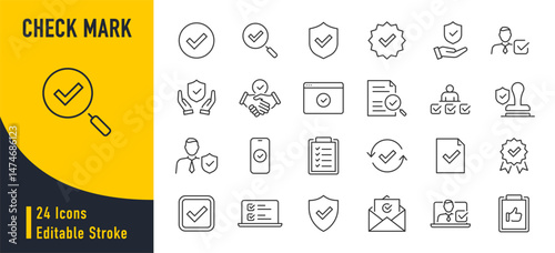 Checkmark and Approved web icon set in line style. Checklist, accepted, stamp, accept, agree, quality control, collection. Vector illustration.
