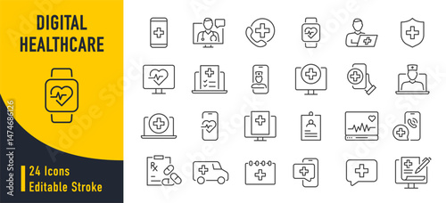 Digital Healthcare web icon set in line style. Online consultation, medical app, results, doctor appointment, health, lifestyle, collection. Vector illustration.