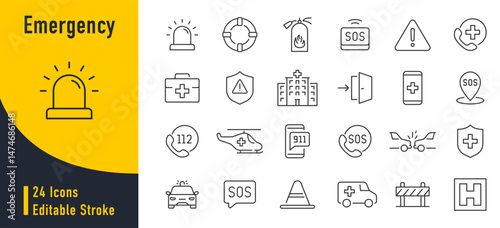 Emergency web icons in line style. Evacuation, SOS emergency call, ambulance, help, emergency hotline, exit, collection. Vector illustration.