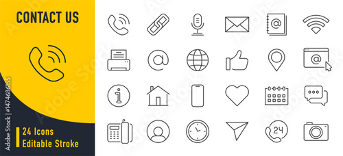 Contact Us web icons in line style. Web and mobile icon. Chat, point, chat, support, message, phone, globe, call, info collection. Vector illustration.