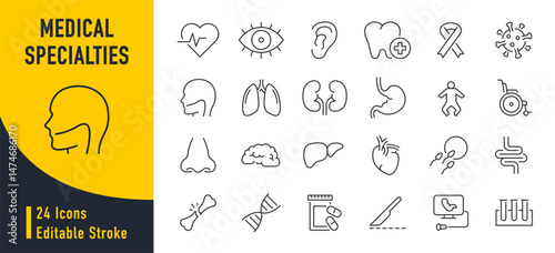 Medical Specialties web icons in line style. Medicine, RX, doctor, virus, testing, lab, scientific discovery, infographic collection. Vector illustration.