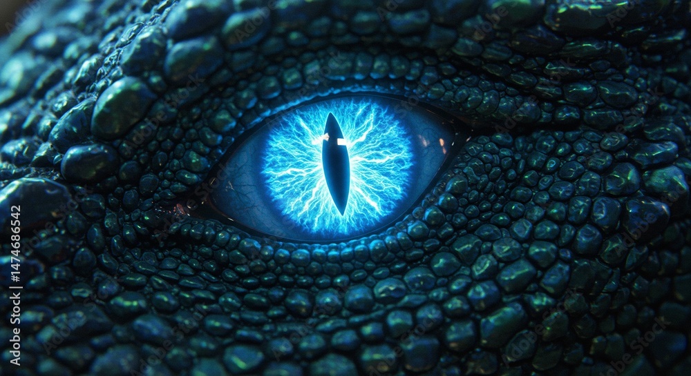 Fototapeta premium Intense blue dragon eye with scale details. The striking blue eye glows with inner power, set against a dark, textured hide.