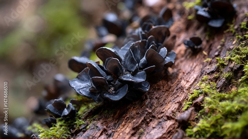 Understanding black jelly roll fungus identification and habitat on a tree trunk in the forest photo