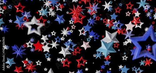 Red, white, and blue stars burst across a black background. Perfect for Independence Day celebrations!
