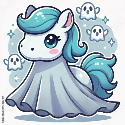 Cute Ghost Horse Standing Cartoon Vector Icon Illustration