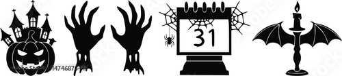 Spooky halloween icons with evil pumpkin antler hands october calendar and gothic candelabra black silhouettes creepy seasonal symbol collection