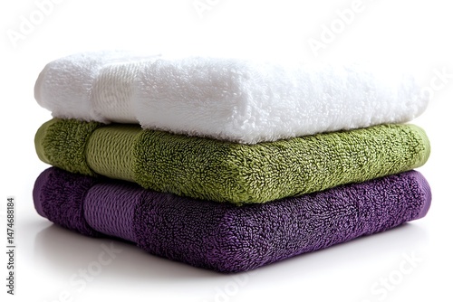 Stack of three soft terrycloth towels in white green and purple isolated on white