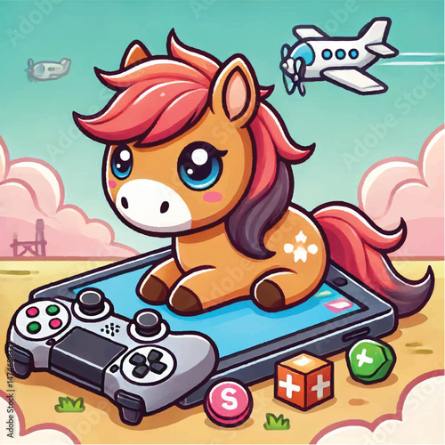 Cute Horse Gaming Cartoon Vector Icon Illustration