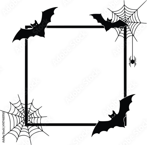 Halloween decorative frame border with bats spider webs and hanging spider black silhouettes spooky corner design template for seasonal content