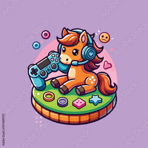 Cute Horse Gaming Cartoon Vector Icon Illustration