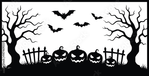 Halloween night scene with scary jack o lanterns spooky trees and flying bats

