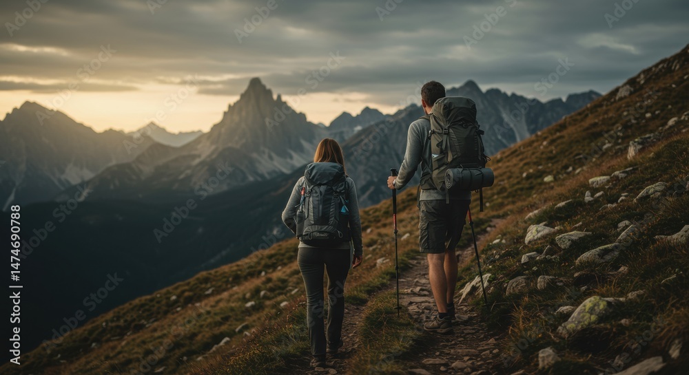Fototapeta premium Couple Hiking Mountain Trail at Sunset