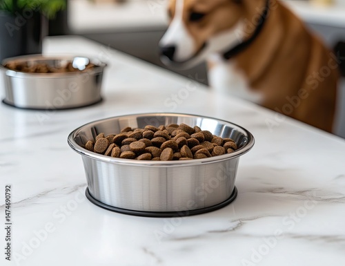 Dog food in a stainless steel bowl on a marble table. A dog watches intently