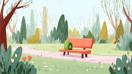 Serene Park Scene with a Vibrant Wooden Bench Surrounded by Lush Greenery and Colorful Plants