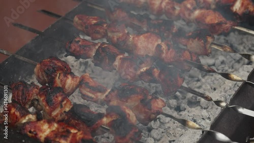 Roasted pieces of beef skew meat barbeque close up. Home food preparation