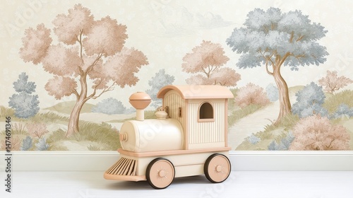 Playful wooden toy train in a pastel nursery with scenic wallpaper featuring trees and hills