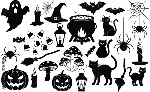 Spooky halloween silhouette collection with pumpkins ghosts cats bats and witchy elements