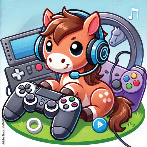 Cute Horse Gaming Cartoon Vector Icon Illustration