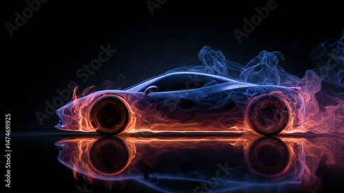 Fototapeta Naklejka Na Ścianę i Meble -  Futuristic sports car design concept with fire and smoke digital art wallpaper background hd image