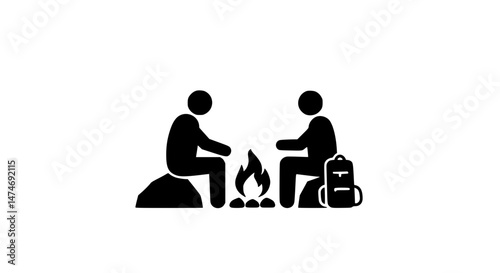 People warming by fire black and white icon
