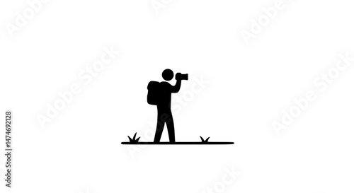 Man with camera and backpack black and white icon