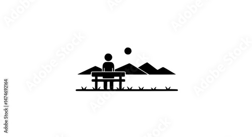 Black and white icon of outdoor rest near mountains