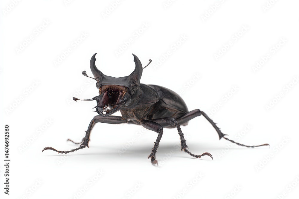 Fototapeta premium Close-up of a stag beetle, showcasing its impressive mandibles and dark exoskeleton against a white background.