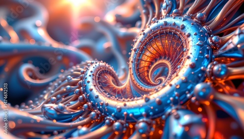 abstract fractal, iridescent geometry, flowing lines, lightwave render, peach sunlight, depth of field, high detail, pristine lighting, organic forms, puter generated.