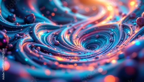 abstract digital fractal fantasy, swirling iridescent colors, bioluminescent details, soft ethereal glow, bokeh, vibrant turquoise, deep indigo, sun drenched, low angle, intimate close up, serene