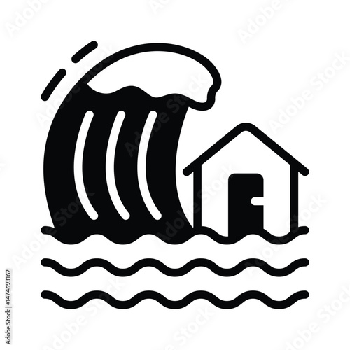 A large wave crashing into a house, representing tsunami or flooding