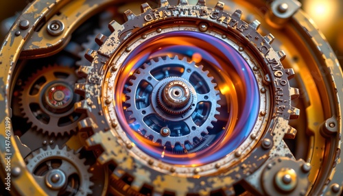steampunk machinery closeup, lemon yellow, blazing sunset light, mirror reflections, intricate gears, brass filigree, high detail, octane render, 8k.
