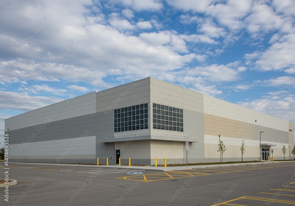 Exterior view of a large industrial building with a parking lot under a cloudy blue sky during daytime Exterior view of a large industrial building with a parking lot under a cloudy blue sky during daytime