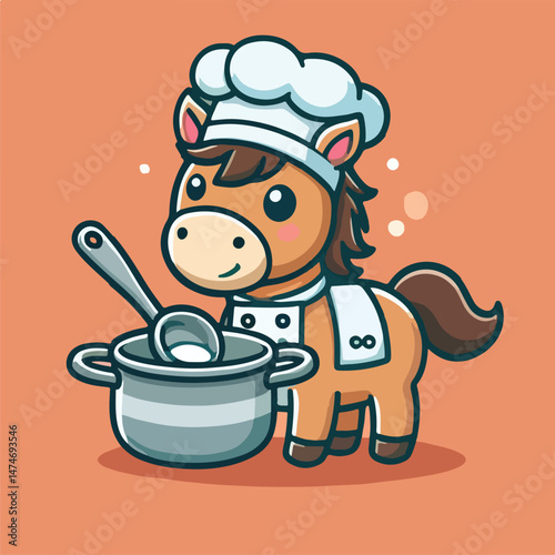 Cute Horse Chef Cooking Cartoon Vector Icon Illustration