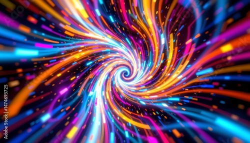 abstract light torsion, vivid colors, high angle, dynamic energy, bright floodlights, swirling forms, hyperrealistic texture, photo aesthetic.