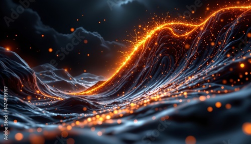 glitched digital pulse wave, black void background, surreal landscape, vibrant amber accents, solar flare, third person perspective, ethereal glow, photo.