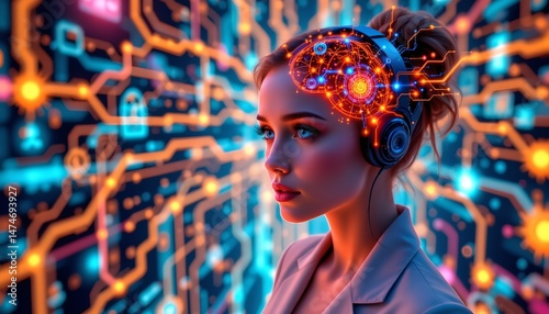 cybernetic brain interface, businesswoman, glowing neuron network, 3d render, vibrant colors, optimistic palette, high angle first person, graphic illustration style, bright studio lighting, hopeful