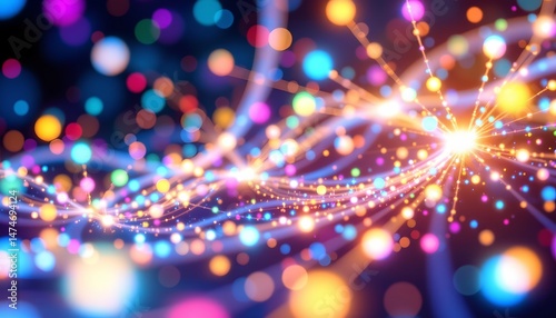 ethereal fiber optic light structures, multicolored sparkles, bokeh, abstract, 3d render, low angle, top down view, vivid, flat design, bright dappled light, magical, fantastic background.
