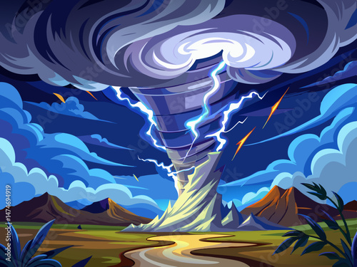 vector of A dramatic and powerful tornado of thunder and lightning shines in the night sky. A concept on the topic of weather, disasters (tornado, typhoon, tornado, typhoon). Stormy...