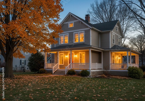 A two story house with lit windows and a porch surrounded by autumn leaves and bare trees at dusk