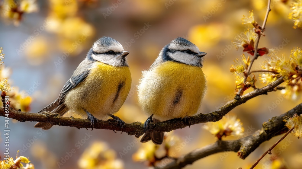beautiful little birds are sitting next to each other on a branch in a Sunny spring Park beautiful little birds are sitting next to each other on a branch in a Sunny spring Park