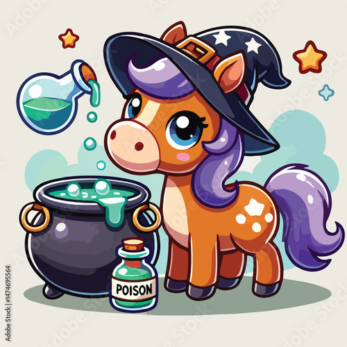 Cute Horse with Cauldron Poison Cartoon Vector Icon Illustration