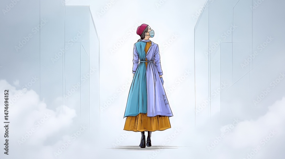 Fototapeta premium Woman in Colorful Dress and Mask Walking Through a Foggy Urban Environment