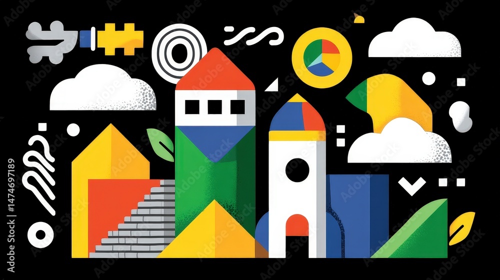 Obraz premium Abstract Colorful Illustration of Geometric Buildings Surrounded by Vibrant Shapes and Patterns