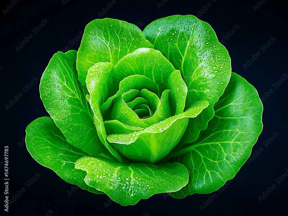 Fototapeta premium Fresh Green Lettuce With Droplets Resting on Its Vibrant Leaves Against a Dark Background Highlighting Its Texture and Color