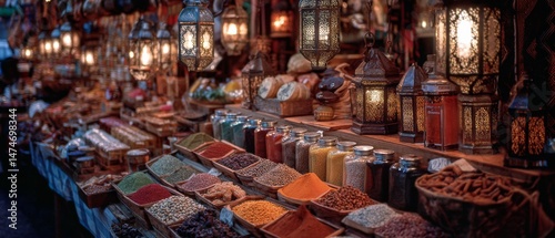 Fototapeta Naklejka Na Ścianę i Meble -  An enchanting spice market abuzz with vibrant colors, exotic aromas, and ornate lanterns casting a magical glow over jars of spices and herbs.