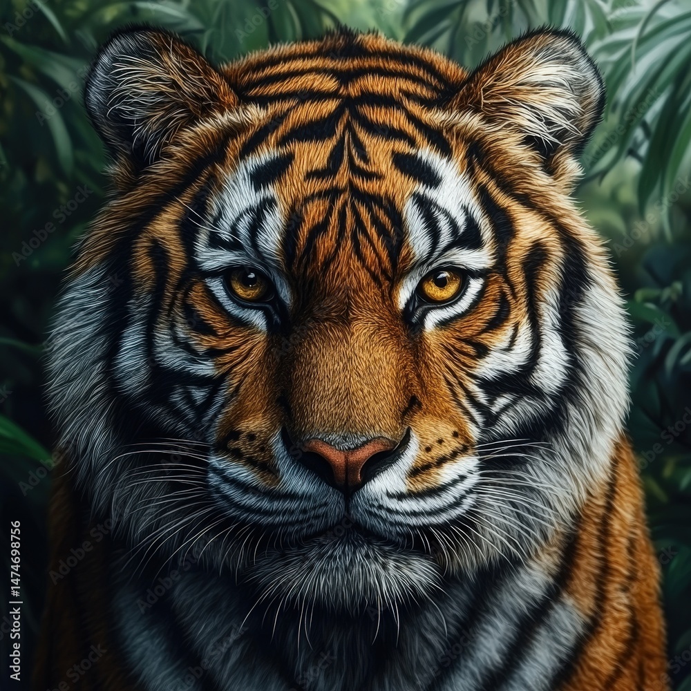 Fototapeta premium Striking tiger camouflaged in a dense jungle setting with lush green foliage and natural beauty