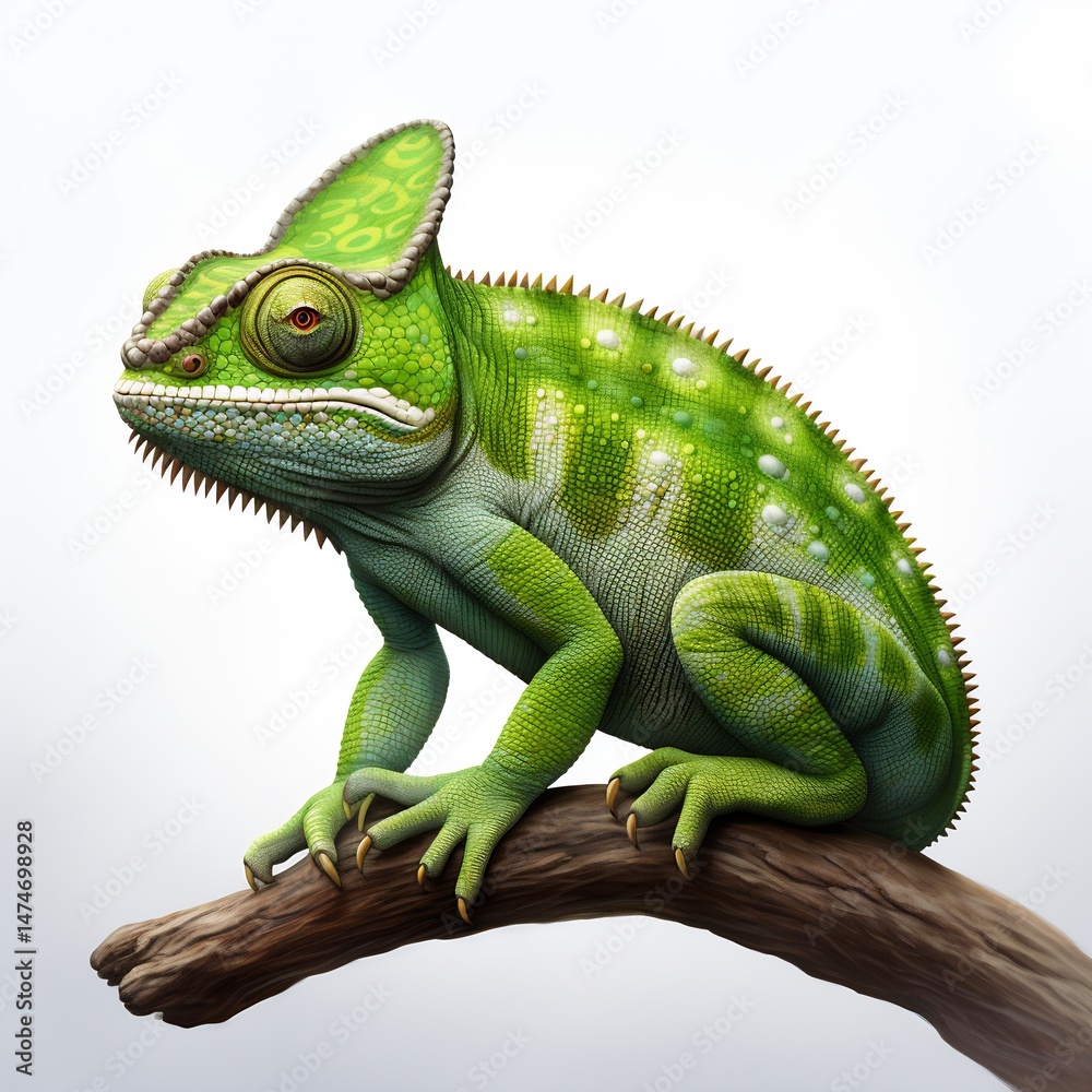 Obraz premium Vibrant green chameleon portrait perched on a branch against a soft backdrop
